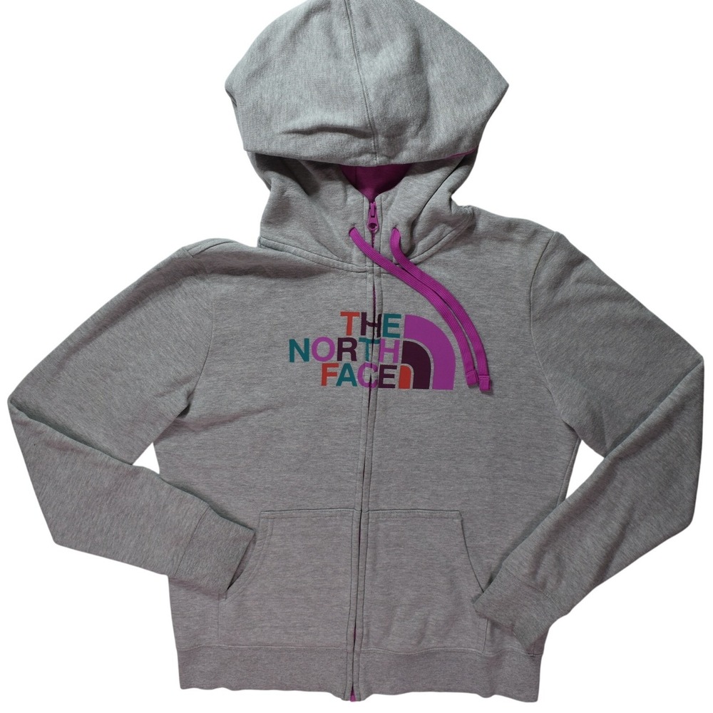 The North Face Womens M Full Zip Hoodie Gray Multicolor Logo Graphic Sweatshirt